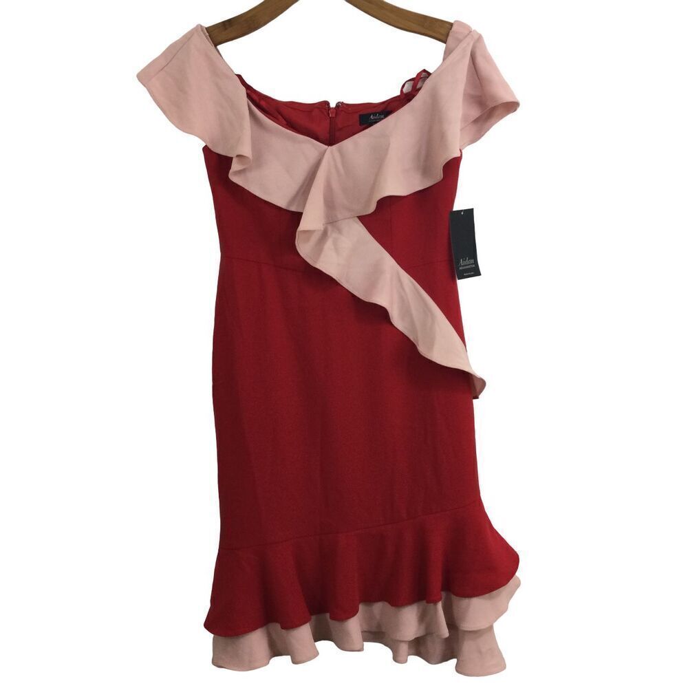 Aidan by Aidan Mattox Women Off-the-Shoulder Flounce-Trim Crepe Cocktail Dress 6
